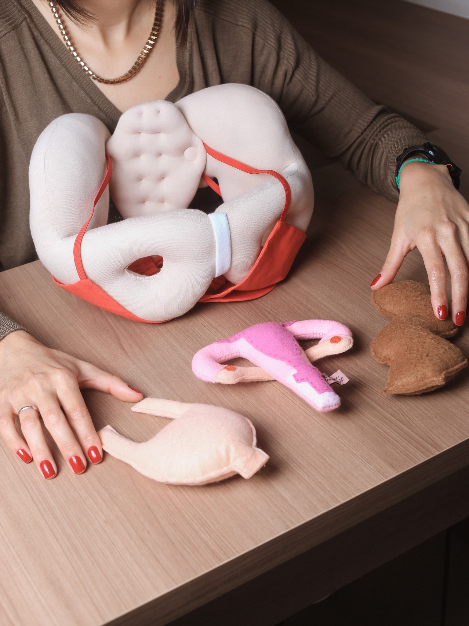 Detalhe de Bruna mostrando modelos anatômicos pélvicos sobre a mesa do consultório.